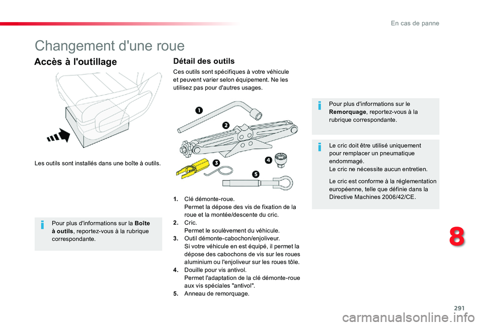 TOYOTA PROACE VERSO 2019 Notices Demploi (in French) 291
Changement d'une roue
Les outils sont installés dans une boîte à outils.
Accès à l'outillage
1. Clé démonte-roue. Permet la dépose des vis de fixation de la roue et la montée/des TOYOTA PROACE VERSO 2019 Notices Demploi (in French) 291
Changement d'une roue
Les outils sont installés dans une boîte à outils.
Accès à l'outillage
1. Clé démonte-roue. Permet la dépose des vis de fixation de la roue et la montée/des