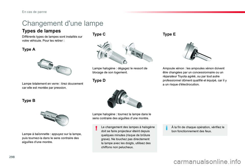 TOYOTA PROACE VERSO 2019 Notices Demploi (in French) 298
Changement d'une lampe
Lampe halogène : tournez la lampe dans le sens contraire des aiguilles d’une montre.
Ty p e A
Lampe à baïonnette : appuyez sur la lampe, puis tournez-la dans le se TOYOTA PROACE VERSO 2019 Notices Demploi (in French) 298
Changement d'une lampe
Lampe halogène : tournez la lampe dans le sens contraire des aiguilles d’une montre.
Ty p e A
Lampe à baïonnette : appuyez sur la lampe, puis tournez-la dans le se