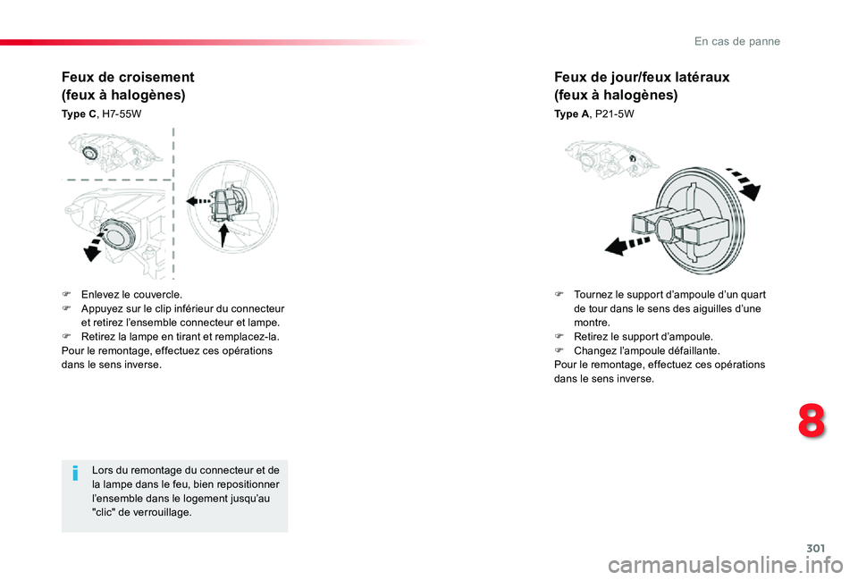 TOYOTA PROACE VERSO 2019 Notices Demploi (in French) 301
Lors du remontage du connecteur et de la lampe dans le feu, bien repositionner l’ensemble dans le logement jusqu’au "clic" de verrouillage.
Feux de croisement
(feux à halogènes)
Ty p TOYOTA PROACE VERSO 2019 Notices Demploi (in French) 301
Lors du remontage du connecteur et de la lampe dans le feu, bien repositionner l’ensemble dans le logement jusqu’au "clic" de verrouillage.
Feux de croisement
(feux à halogènes)
Ty p