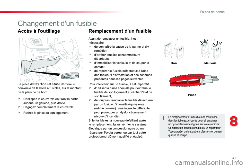 TOYOTA PROACE VERSO 2019 Notices Demploi (in French) 311
F Déclippez le couvercle en tirant la partie supérieure gauche, puis droite.F Dégagez complètement le couvercle.
BonMauvais
Pince
Accès à l'outillage
F Retirez la pince de son logement.
TOYOTA PROACE VERSO 2019 Notices Demploi (in French) 311
F Déclippez le couvercle en tirant la partie supérieure gauche, puis droite.F Dégagez complètement le couvercle.
BonMauvais
Pince
Accès à l'outillage
F Retirez la pince de son logement.