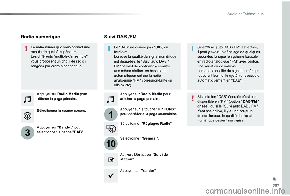 TOYOTA PROACE VERSO 2019 Notices Demploi (in French) 387
1
10
3
Sélectionner la source sonore.
Appuyer sur Radio Media pour afficher la page primaire.
Appuyer sur "Bande :" pour sélectionner la bande "DAB".
Appuyer sur Radio Media pour TOYOTA PROACE VERSO 2019 Notices Demploi (in French) 387
1
10
3
Sélectionner la source sonore.
Appuyer sur Radio Media pour afficher la page primaire.
Appuyer sur "Bande :" pour sélectionner la bande "DAB".
Appuyer sur Radio Media pour