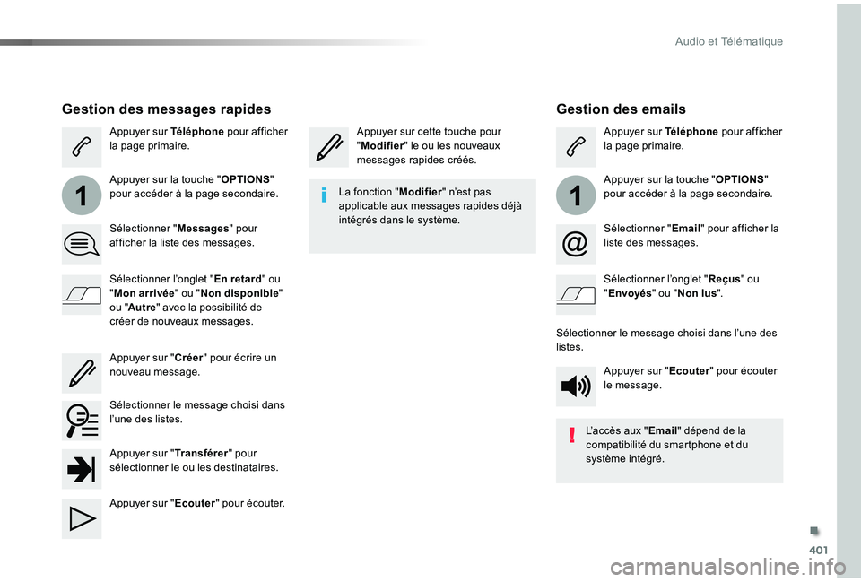 TOYOTA PROACE VERSO 2019  Notices Demploi (in French) 401
11
Gestion des emails
Appuyer sur cette touche pour "Modifier" le ou les nouveaux messages rapides créés.
Appuyer sur Téléphone pour afficher la page primaire.
Appuyer sur la touche &#