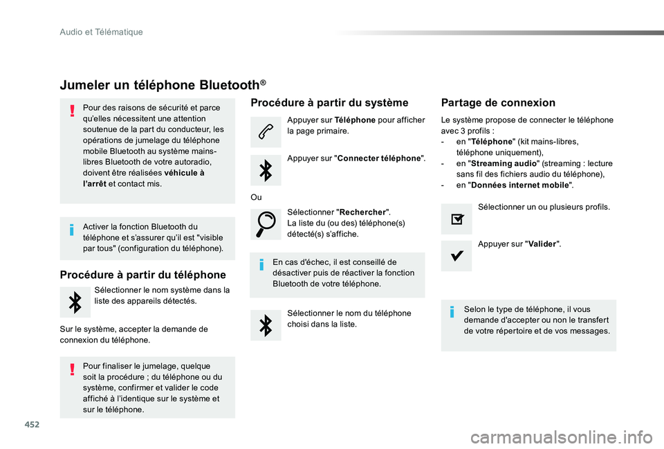 TOYOTA PROACE VERSO 2019 Notices Demploi (in French) 452
Jumeler un téléphone Bluetooth®
Pour des raisons de sécurité et parce qu’elles nécessitent une attention soutenue de la part du conducteur, les opérations de jumelage du téléphone mobil TOYOTA PROACE VERSO 2019 Notices Demploi (in French) 452
Jumeler un téléphone Bluetooth®
Pour des raisons de sécurité et parce qu’elles nécessitent une attention soutenue de la part du conducteur, les opérations de jumelage du téléphone mobil