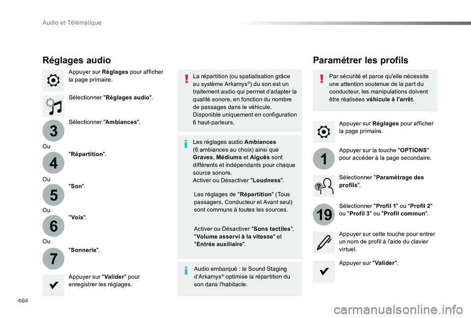 TOYOTA PROACE VERSO 2019  Notices Demploi (in French) 464
3
4
5
6
7
1
19
Appuyer sur Réglages pour afficher la page primaire.
Paramétrer les profilsRéglages audio
Appuyer sur Réglages pour afficher la page primaire.
Sélectionner "Réglages audio