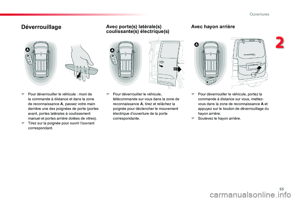 TOYOTA PROACE VERSO 2019 Notices Demploi (in French) 55
Déverrouillage
F Pour déverrouiller le véhicule : muni de la commande à distance et dans la zone de reconnaissance A, passez votre main derrière une des poignées de porte (portes avant, porte TOYOTA PROACE VERSO 2019 Notices Demploi (in French) 55
Déverrouillage
F Pour déverrouiller le véhicule : muni de la commande à distance et dans la zone de reconnaissance A, passez votre main derrière une des poignées de porte (portes avant, porte