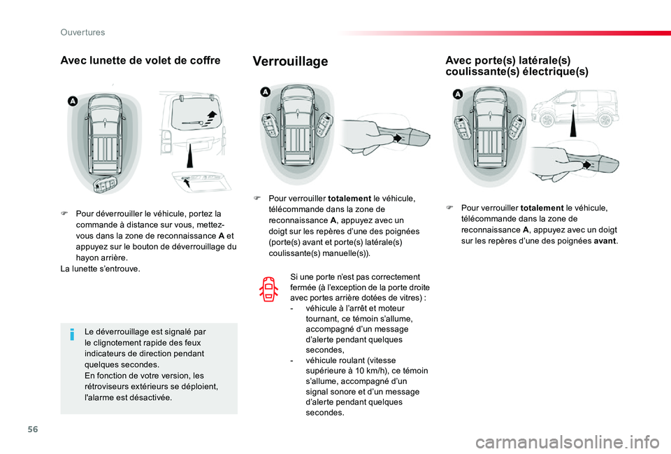 TOYOTA PROACE VERSO 2019 Notices Demploi (in French) 56
Avec lunette de volet de coffre
F Pour déverrouiller le véhicule, portez la commande à distance sur vous, mettez-vous dans la zone de reconnaissance A et appuyez sur le bouton de déverrouillage TOYOTA PROACE VERSO 2019 Notices Demploi (in French) 56
Avec lunette de volet de coffre
F Pour déverrouiller le véhicule, portez la commande à distance sur vous, mettez-vous dans la zone de reconnaissance A et appuyez sur le bouton de déverrouillage