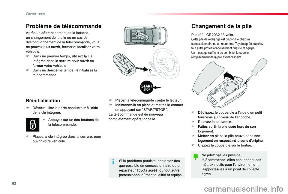 TOYOTA PROACE VERSO 2019 Notices Demploi (in French) 62
Changement de la pile
Pile réf. : CR2032 / 3 volts.Cette pile de rechange est disponible chez un concessionnaire ou un réparateur Toyota agréé, ou chez tout autre professionnel dûment qualifi TOYOTA PROACE VERSO 2019 Notices Demploi (in French) 62
Changement de la pile
Pile réf. : CR2032 / 3 volts.Cette pile de rechange est disponible chez un concessionnaire ou un réparateur Toyota agréé, ou chez tout autre professionnel dûment qualifi