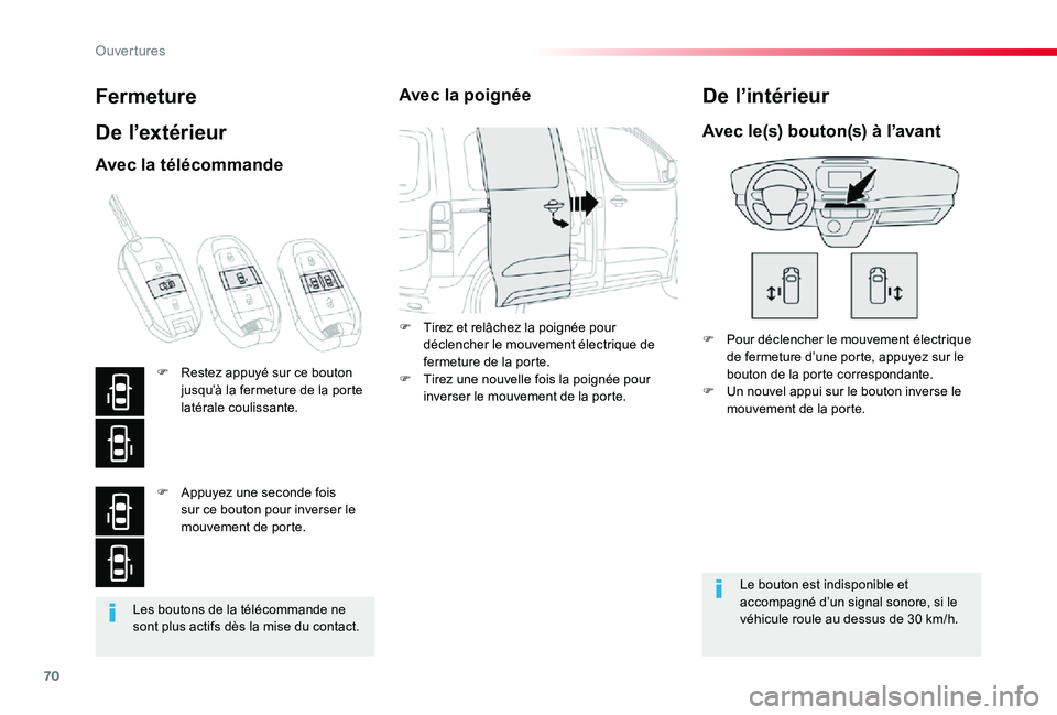 TOYOTA PROACE VERSO 2019 Notices Demploi (in French) 70
Les boutons de la télécommande ne sont plus actifs dès la mise du contact.
Fermeture
De l’extérieur
F Pour déclencher le mouvement électrique de fermeture d’une porte, appuyez sur le bout TOYOTA PROACE VERSO 2019 Notices Demploi (in French) 70
Les boutons de la télécommande ne sont plus actifs dès la mise du contact.
Fermeture
De l’extérieur
F Pour déclencher le mouvement électrique de fermeture d’une porte, appuyez sur le bout