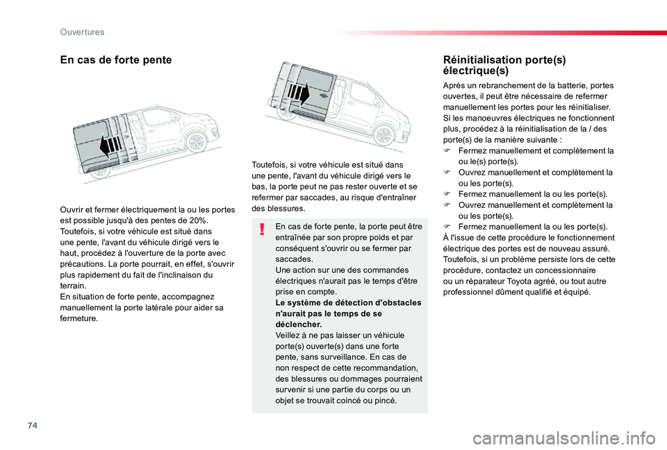 TOYOTA PROACE VERSO 2019 Notices Demploi (in French) 74
En cas de forte pente, la porte peut être entraînée par son propre poids et par conséquent s'ouvrir ou se fermer par saccades.Une action sur une des commandes électriques n'aurait pas TOYOTA PROACE VERSO 2019 Notices Demploi (in French) 74
En cas de forte pente, la porte peut être entraînée par son propre poids et par conséquent s'ouvrir ou se fermer par saccades.Une action sur une des commandes électriques n'aurait pas