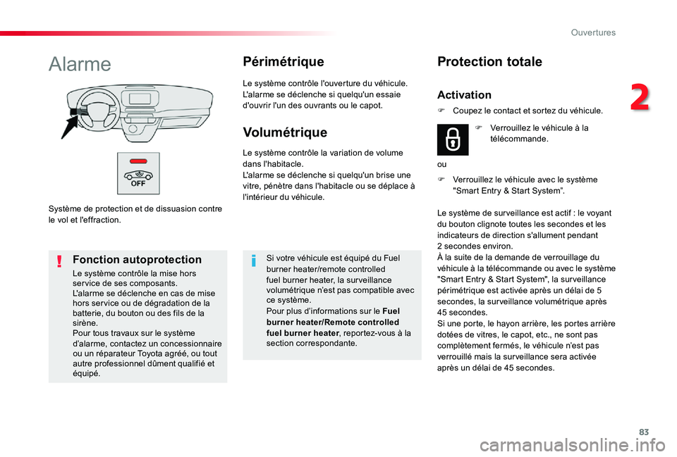 TOYOTA PROACE VERSO 2019  Notices Demploi (in French) 83
Système de protection et de dissuasion contre le vol et l'effraction.
AlarmePérimétrique
Le système contrôle l'ouverture du véhicule.L'alarme se déclenche si quelqu'un essaie