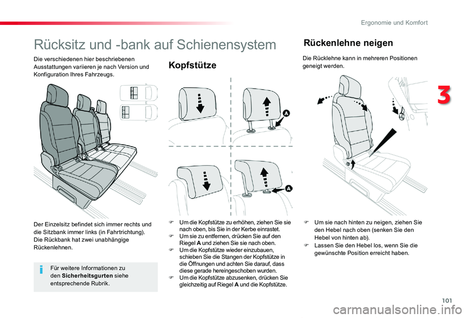TOYOTA PROACE VERSO 2019 Betriebsanleitungen (in German) 101
Proace_Verso_de_Chap03_ergonomie-et-confort_ed01-2019
Kopfstütze
F Um die Kopfstütze zu erhöhen, ziehen Sie sie nach oben, bis Sie in der Kerbe einrastet.F Um sie zu entfernen, drücken Sie auf TOYOTA PROACE VERSO 2019 Betriebsanleitungen (in German) 101
Proace_Verso_de_Chap03_ergonomie-et-confort_ed01-2019
Kopfstütze
F Um die Kopfstütze zu erhöhen, ziehen Sie sie nach oben, bis Sie in der Kerbe einrastet.F Um sie zu entfernen, drücken Sie auf