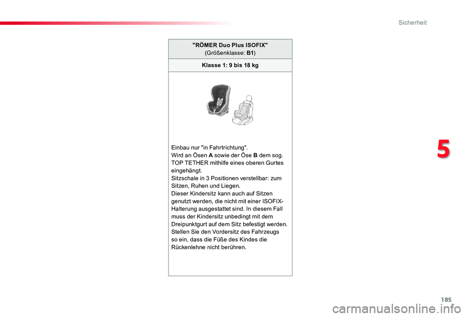 TOYOTA PROACE VERSO 2019  Betriebsanleitungen (in German) 185
Proace_Verso_de_Chap05_securite_ed01-2019
"RÖMER Duo Plus ISOFIX" (Größenklasse: B1)
Klasse 1: 9 bis 18 kg
Einbau nur "in Fahrtrichtung".Wird an Ösen A sowie der Öse B dem sog