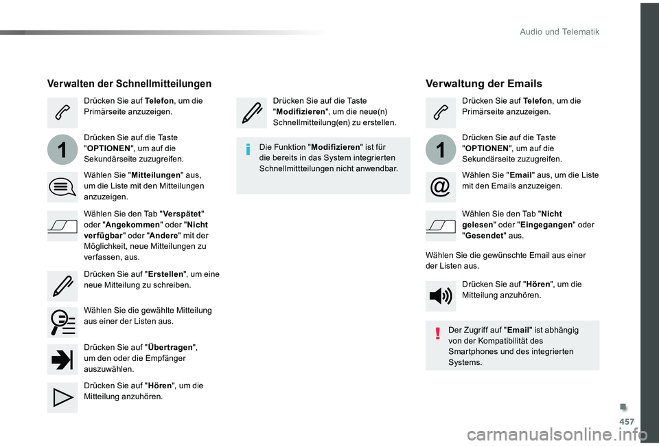 TOYOTA PROACE VERSO 2019 Betriebsanleitungen (in German) 457
11
Proace_Verso_de_Chap10c_RCC-1_ed01-2019
Verwaltung der Emails
Drücken Sie auf die Taste "Modifizieren", um die neue(n) Schnellmitteilung(en) zu erstellen.
Drücken Sie auf Telefon, um TOYOTA PROACE VERSO 2019 Betriebsanleitungen (in German) 457
11
Proace_Verso_de_Chap10c_RCC-1_ed01-2019
Verwaltung der Emails
Drücken Sie auf die Taste "Modifizieren", um die neue(n) Schnellmitteilung(en) zu erstellen.
Drücken Sie auf Telefon, um