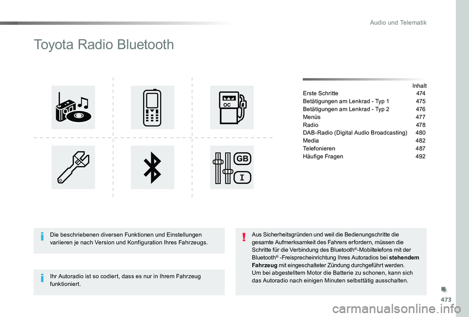 TOYOTA PROACE VERSO 2019 Betriebsanleitungen (in German) 473
Proace_Verso_de_Chap10d_RD6_ed01-2019
Toyota Radio Bluetooth
InhaltErste Schritte 474
Betätigungen am Lenkrad - Typ 1 475
Betätigungen am Lenkrad - Typ 2 476
Menüs 477
Radio 478
DAB-Radio (Di TOYOTA PROACE VERSO 2019 Betriebsanleitungen (in German) 473
Proace_Verso_de_Chap10d_RD6_ed01-2019
Toyota Radio Bluetooth
InhaltErste Schritte 474
Betätigungen am Lenkrad - Typ 1 475
Betätigungen am Lenkrad - Typ 2 476
Menüs 477
Radio 478
DAB-Radio (Di