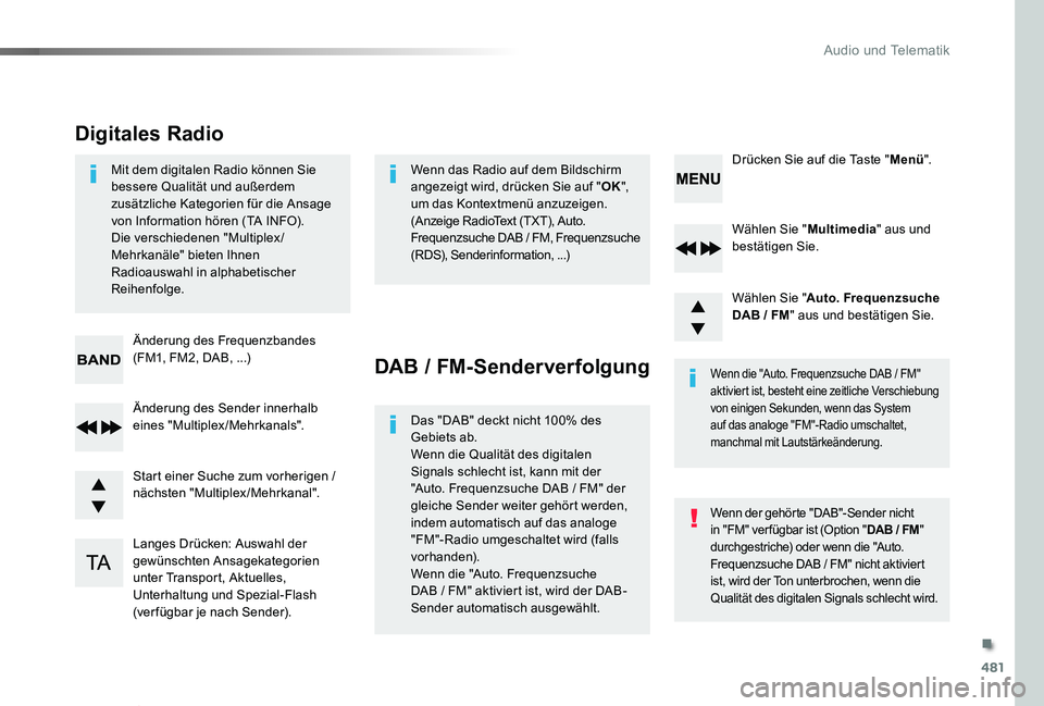 TOYOTA PROACE VERSO 2019  Betriebsanleitungen (in German) 481
Proace_Verso_de_Chap10d_RD6_ed01-2019
Wählen Sie "Multimedia" aus und bestätigen Sie.
Wählen Sie "Auto. Frequenzsuche DAB / FM" aus und bestätigen Sie.
Langes Drücken: Auswahl