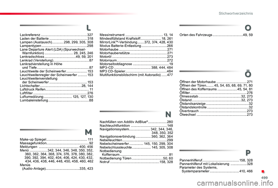 TOYOTA PROACE VERSO 2019  Betriebsanleitungen (in German) 499
Proace_Verso_de_Chap11_index-alpha_ed01-2019
Lackreferenz .................................................327Laden der Batterie ........................................318Lampen (Austausch) .....