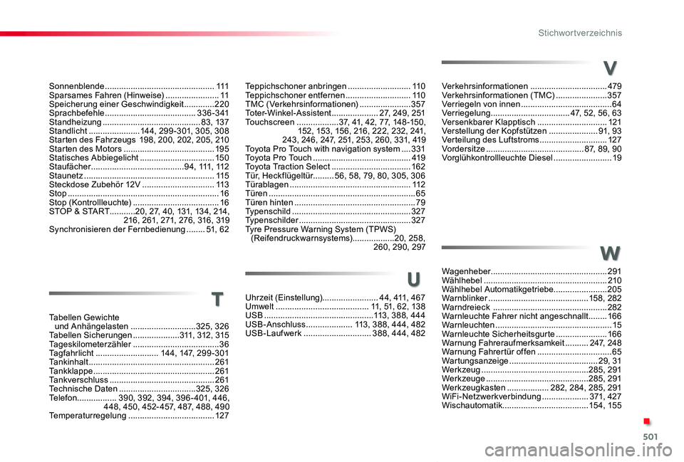 TOYOTA PROACE VERSO 2019  Betriebsanleitungen (in German) 501
Proace_Verso_de_Chap11_index-alpha_ed01-2019
Teppichschoner anbringen ...........................11 0Teppichschoner entfernen ............................11 0TMC (Verkehrsinformationen)  .........