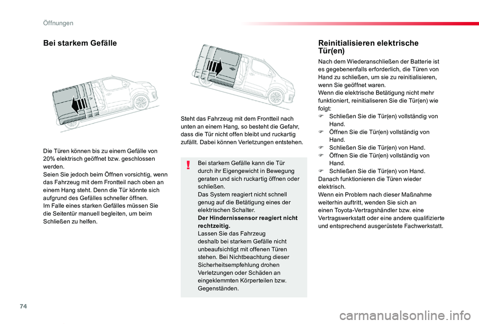 TOYOTA PROACE VERSO 2019 Betriebsanleitungen (in German) 74
Proace_Verso_de_Chap02_ouvertures_ed01-2019
Bei starkem Gefälle kann die Tür durch ihr Eigengewicht in Bewegung geraten und sich ruckartig öffnen oder schließen.Das System reagiert nicht schnel TOYOTA PROACE VERSO 2019 Betriebsanleitungen (in German) 74
Proace_Verso_de_Chap02_ouvertures_ed01-2019
Bei starkem Gefälle kann die Tür durch ihr Eigengewicht in Bewegung geraten und sich ruckartig öffnen oder schließen.Das System reagiert nicht schnel