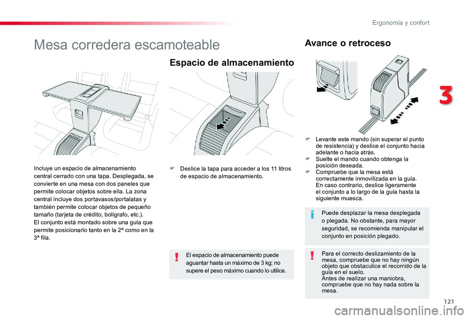 TOYOTA PROACE VERSO 2019  Manuale de Empleo (in Spanish) 121
ProaceVerso_es_Chap03_ergonomie-et-confort_ed01-2019
Mesa corredera escamoteable
Espacio de almacenamiento
Para el correcto deslizamiento de la mesa, compruebe que no hay ningún objeto que obstac