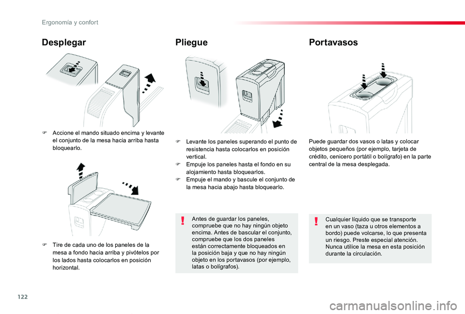 TOYOTA PROACE VERSO 2019  Manuale de Empleo (in Spanish) 122
ProaceVerso_es_Chap03_ergonomie-et-confort_ed01-2019
Desplegar
F Tire de cada uno de los paneles de la mesa a fondo hacia arriba y pivótelos por los lados hasta colocarlos en posición horizontal