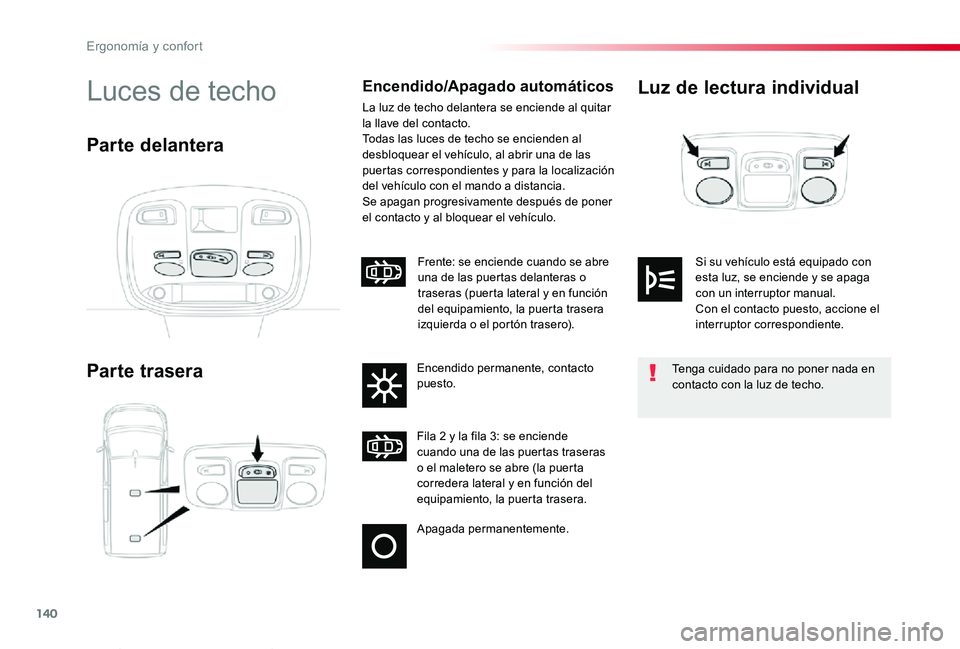 TOYOTA PROACE VERSO 2019  Manuale de Empleo (in Spanish) 140
ProaceVerso_es_Chap03_ergonomie-et-confort_ed01-2019
Luz de lectura individual
Parte trasera
Luces de techoEncendido/Apagado automáticos
La luz de techo delantera se enciende al quitar la llave d