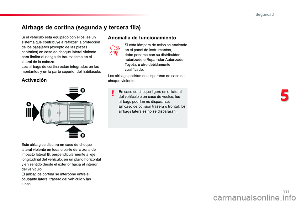 TOYOTA PROACE VERSO 2019  Manuale de Empleo (in Spanish) 171
ProaceVerso_es_Chap05_securite_ed01-2019
Si el vehículo está equipado con ellos, es un sistema que contribuye a reforzar la protección de los pasajeros (excepto de las plazas centrales) en caso