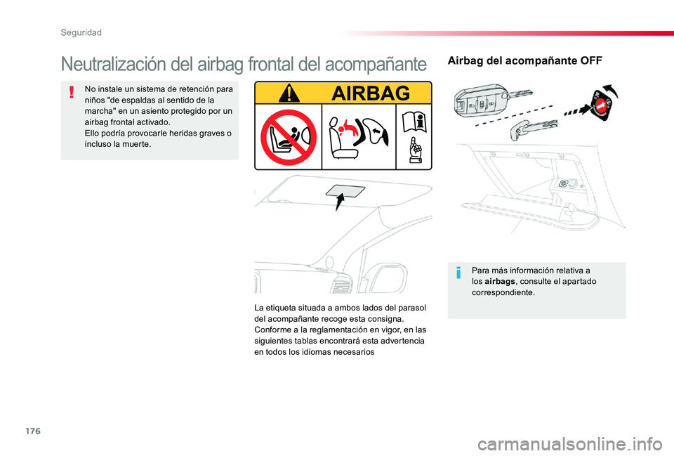 TOYOTA PROACE VERSO 2019  Manuale de Empleo (in Spanish) 176
ProaceVerso_es_Chap05_securite_ed01-2019
Airbag del acompañante OFF
Para más información relativa a los airbags, consulte el apartado correspondiente.
Neutralización del airbag frontal del aco