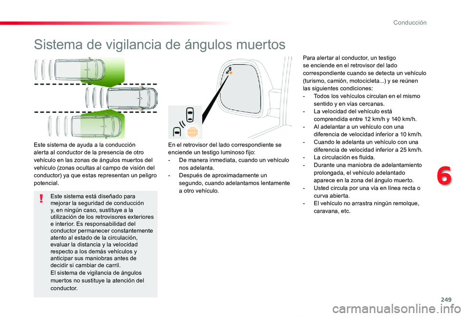 TOYOTA PROACE VERSO 2019  Manuale de Empleo (in Spanish) 249
ProaceVerso_es_Chap06_conduite_ed01-2019
Sistema de vigilancia de ángulos muertos
En el retrovisor del lado correspondiente se enciende un testigo luminoso fijo:- De manera inmediata, cuando un v