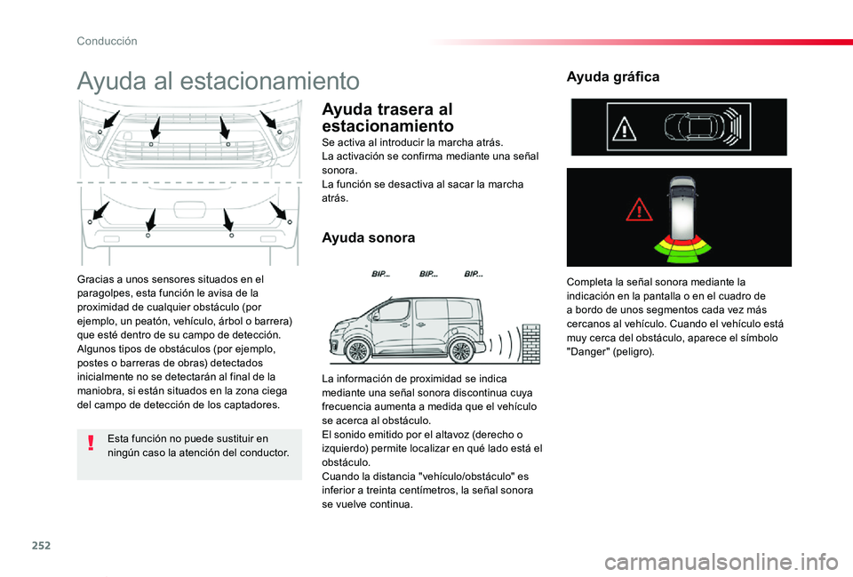 TOYOTA PROACE VERSO 2019  Manuale de Empleo (in Spanish) 252
ProaceVerso_es_Chap06_conduite_ed01-2019
Gracias a unos sensores situados en el paragolpes, esta función le avisa de la proximidad de cualquier obstáculo (por ejemplo, un peatón, vehículo, ár