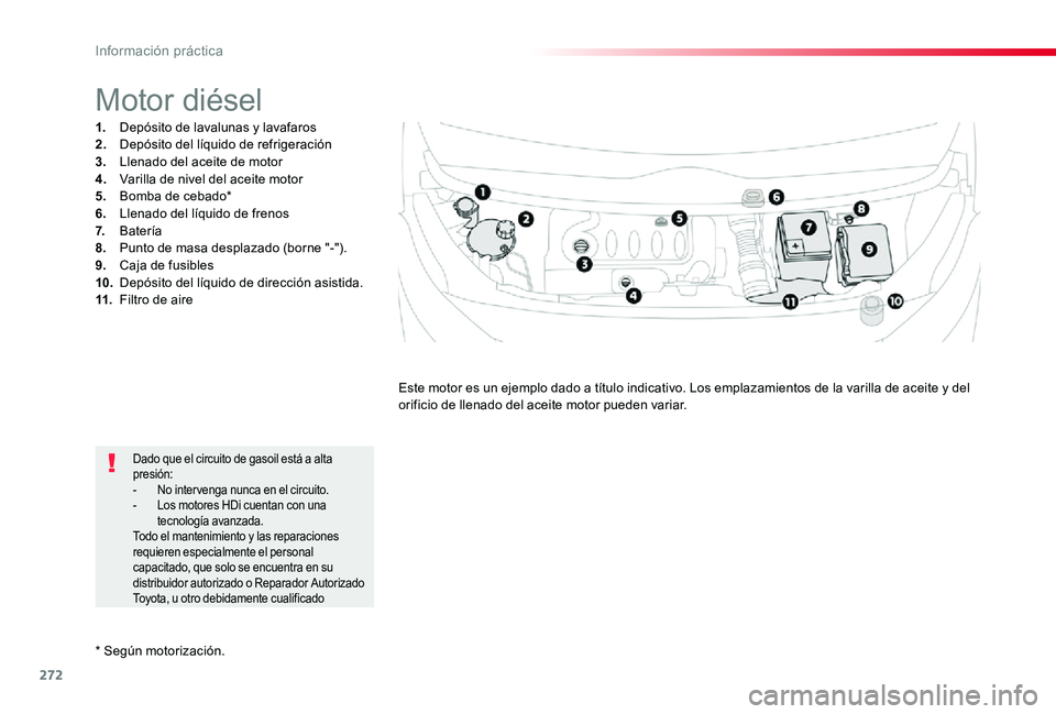 TOYOTA PROACE VERSO 2019 Manuale de Empleo (in Spanish) 272
* Según motorización.
Motor diésel
1. Depósito de lavalunas y lavafaros2. Depósito del líquido de refrigeración3. Llenado del aceite de motor4. Varilla de nivel del aceite motor5. Bomba d TOYOTA PROACE VERSO 2019 Manuale de Empleo (in Spanish) 272
* Según motorización.
Motor diésel
1. Depósito de lavalunas y lavafaros2. Depósito del líquido de refrigeración3. Llenado del aceite de motor4. Varilla de nivel del aceite motor5. Bomba d