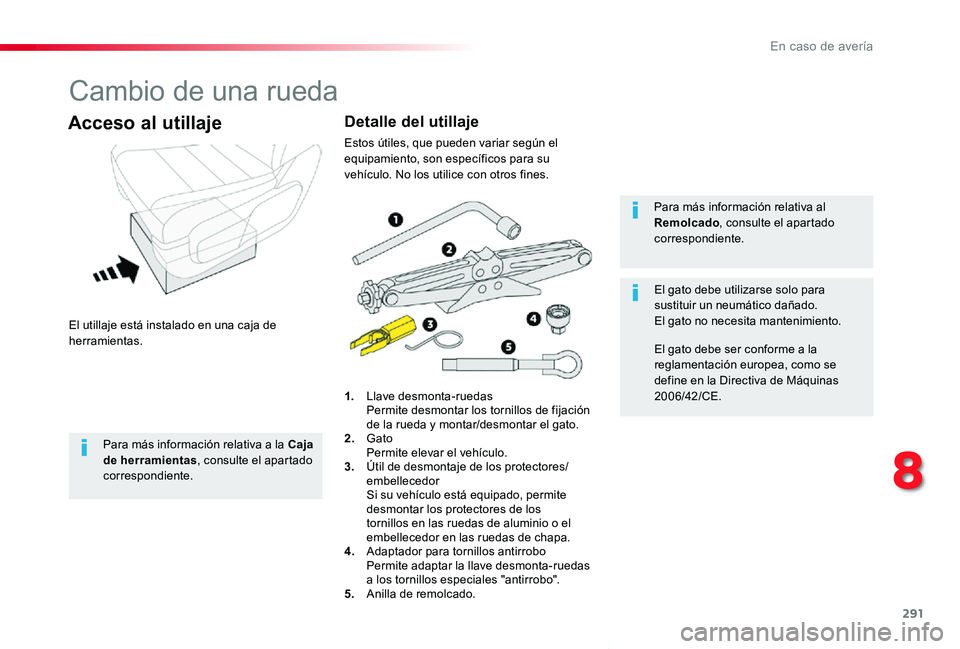 TOYOTA PROACE VERSO 2019 Manuale de Empleo (in Spanish) 291
ProaceVerso_es_Chap08_En-cas-de-panne_ed01-2019
Cambio de una rueda
El utillaje está instalado en una caja de herramientas.
Acceso al utillaje
1. Llave desmonta-ruedas Permite desmontar los torn TOYOTA PROACE VERSO 2019 Manuale de Empleo (in Spanish) 291
ProaceVerso_es_Chap08_En-cas-de-panne_ed01-2019
Cambio de una rueda
El utillaje está instalado en una caja de herramientas.
Acceso al utillaje
1. Llave desmonta-ruedas Permite desmontar los torn