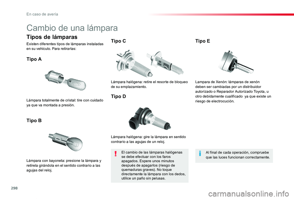 TOYOTA PROACE VERSO 2019 Manuale de Empleo (in Spanish) 298
ProaceVerso_es_Chap08_En-cas-de-panne_ed01-2019
Cambio de una lámpara
Lámpara halógena: gire la lámpara en sentido contrario a las agujas de un reloj.
Tipo A
Lámpara con bayoneta: presione la TOYOTA PROACE VERSO 2019 Manuale de Empleo (in Spanish) 298
ProaceVerso_es_Chap08_En-cas-de-panne_ed01-2019
Cambio de una lámpara
Lámpara halógena: gire la lámpara en sentido contrario a las agujas de un reloj.
Tipo A
Lámpara con bayoneta: presione la