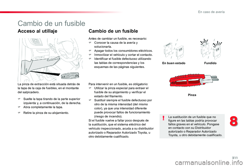 TOYOTA PROACE VERSO 2019 Manuale de Empleo (in Spanish) 311
ProaceVerso_es_Chap08_En-cas-de-panne_ed01-2019
F Suelte la tapa tirando de la parte superior izquierda y, a continuación, de la derecha.F Abra completamente la tapa.
En buen estadoFundido
Pinza
TOYOTA PROACE VERSO 2019 Manuale de Empleo (in Spanish) 311
ProaceVerso_es_Chap08_En-cas-de-panne_ed01-2019
F Suelte la tapa tirando de la parte superior izquierda y, a continuación, de la derecha.F Abra completamente la tapa.
En buen estadoFundido
Pinza