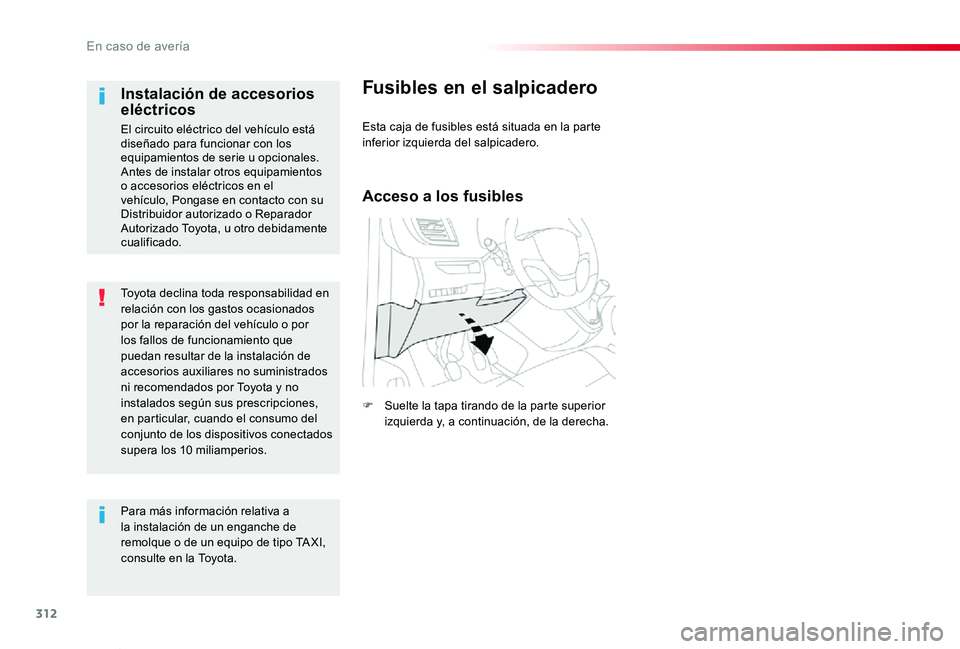 TOYOTA PROACE VERSO 2019 Manuale de Empleo (in Spanish) 312
ProaceVerso_es_Chap08_En-cas-de-panne_ed01-2019
Toyota declina toda responsabilidad en relación con los gastos ocasionados por la reparación del vehículo o por los fallos de funcionamiento que TOYOTA PROACE VERSO 2019 Manuale de Empleo (in Spanish) 312
ProaceVerso_es_Chap08_En-cas-de-panne_ed01-2019
Toyota declina toda responsabilidad en relación con los gastos ocasionados por la reparación del vehículo o por los fallos de funcionamiento que