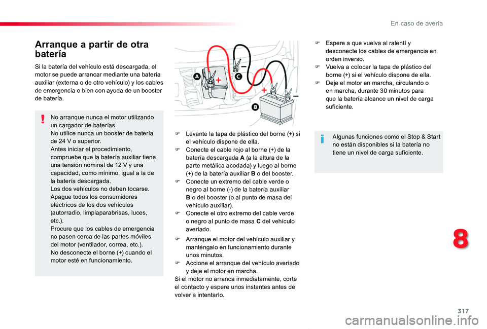 TOYOTA PROACE VERSO 2019 Manuale de Empleo (in Spanish) 317
ProaceVerso_es_Chap08_En-cas-de-panne_ed01-2019
Arranque a partir de otra
batería
No arranque nunca el motor utilizando un cargador de baterías.No utilice nunca un booster de batería de 24 V o TOYOTA PROACE VERSO 2019 Manuale de Empleo (in Spanish) 317
ProaceVerso_es_Chap08_En-cas-de-panne_ed01-2019
Arranque a partir de otra
batería
No arranque nunca el motor utilizando un cargador de baterías.No utilice nunca un booster de batería de 24 V o