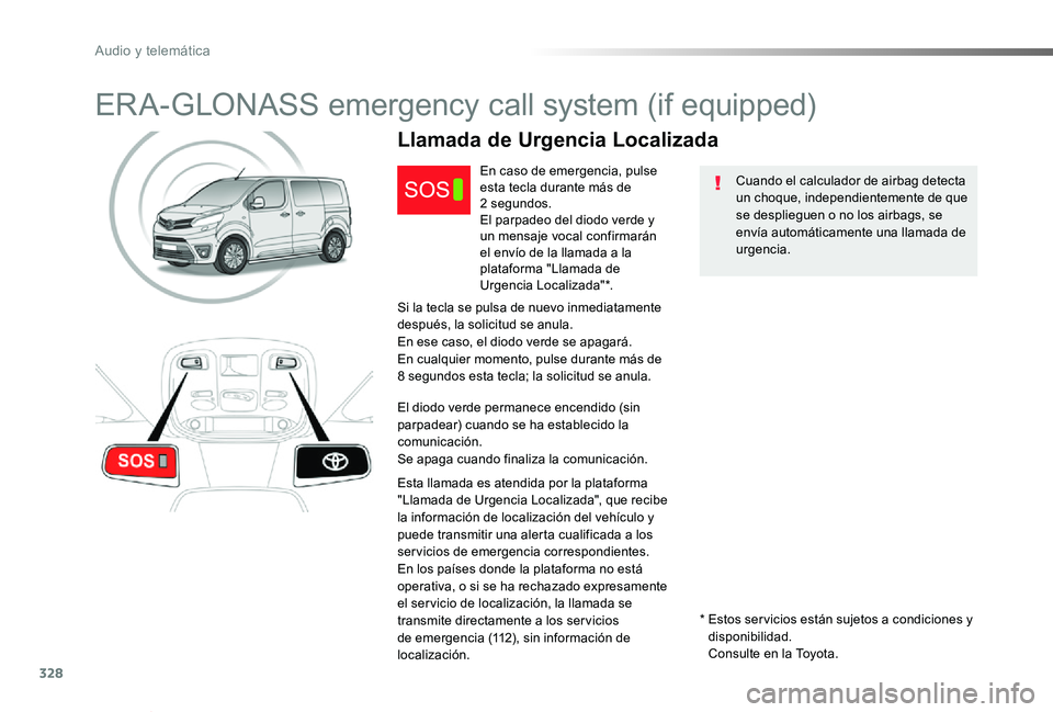 TOYOTA PROACE VERSO 2019 Manuale de Empleo (in Spanish) 328
ProaceVerso_es_Chap10a_BTA_ed01-2019
ERA-GLONASS emergency call system (if equipped)
Cuando el calculador de airbag detecta un choque, independientemente de que se desplieguen o no los airbags, se TOYOTA PROACE VERSO 2019 Manuale de Empleo (in Spanish) 328
ProaceVerso_es_Chap10a_BTA_ed01-2019
ERA-GLONASS emergency call system (if equipped)
Cuando el calculador de airbag detecta un choque, independientemente de que se desplieguen o no los airbags, se