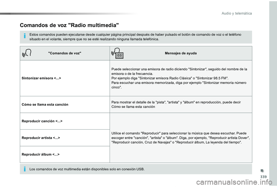 TOYOTA PROACE VERSO 2019 Manuale de Empleo (in Spanish) 339
ProaceVerso_es_Chap10b_NAC-1_ed01-2019
Comandos de voz "Radio multimedia"
Estos comandos pueden ejecutarse desde cualquier página principal después de haber pulsado el botón de comando TOYOTA PROACE VERSO 2019 Manuale de Empleo (in Spanish) 339
ProaceVerso_es_Chap10b_NAC-1_ed01-2019
Comandos de voz "Radio multimedia"
Estos comandos pueden ejecutarse desde cualquier página principal después de haber pulsado el botón de comando