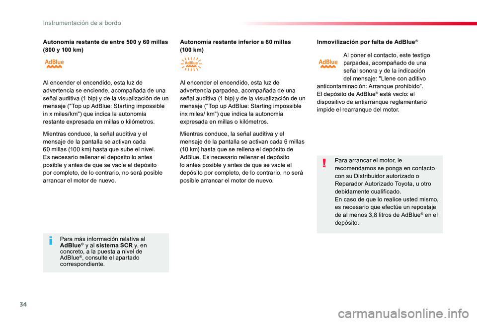 TOYOTA PROACE VERSO 2019 Manuale de Empleo (in Spanish) 34
ProaceVerso_es_Chap01_instruments-de-bord_ed01-2019
Inmovilización por falta de AdBlue®
Al poner el contacto, este testigo parpadea, acompañado de una señal sonora y de la indicación del mensa TOYOTA PROACE VERSO 2019 Manuale de Empleo (in Spanish) 34
ProaceVerso_es_Chap01_instruments-de-bord_ed01-2019
Inmovilización por falta de AdBlue®
Al poner el contacto, este testigo parpadea, acompañado de una señal sonora y de la indicación del mensa