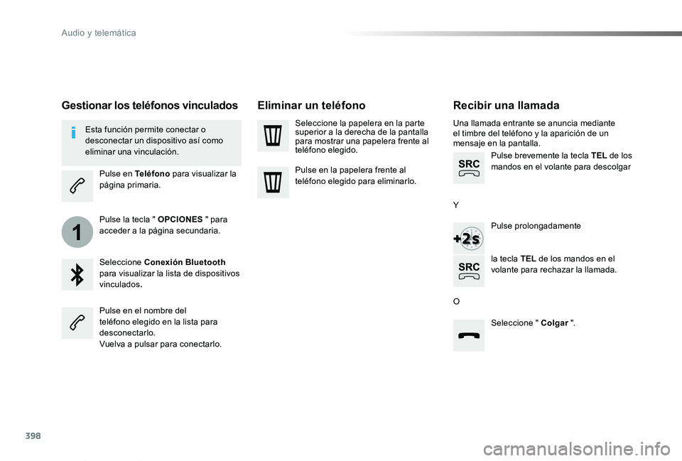 TOYOTA PROACE VERSO 2019  Manuale de Empleo (in Spanish) 398
1
ProaceVerso_es_Chap10b_NAC-1_ed01-2019
Recibir una llamada
Una llamada entrante se anuncia mediante el timbre del teléfono y la aparición de un mensaje en la pantalla.
Pulse brevemente la tecl