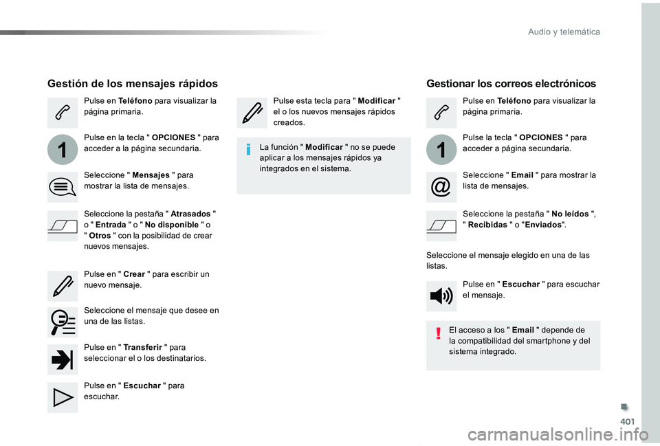 TOYOTA PROACE VERSO 2019  Manuale de Empleo (in Spanish) 401
11
ProaceVerso_es_Chap10b_NAC-1_ed01-2019
Gestionar los correos electrónicos
Pulse esta tecla para " Modificar "  el o los nuevos mensajes rápidos creados.
Pulse en Teléfono para visual