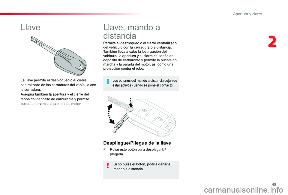 TOYOTA PROACE VERSO 2019 Manuale de Empleo (in Spanish) 45
ProaceVerso_es_Chap02_ouvertures_ed01-2019
Despliegue/Pliegue de la llave
F Pulse este botón para desplegarla/plegarla.
Si no pulsa el botón, podrÃa dañar el mando a distancia.
Permite el desbl TOYOTA PROACE VERSO 2019 Manuale de Empleo (in Spanish) 45
ProaceVerso_es_Chap02_ouvertures_ed01-2019
Despliegue/Pliegue de la llave
F Pulse este botón para desplegarla/plegarla.
Si no pulsa el botón, podrÃa dañar el mando a distancia.
Permite el desbl