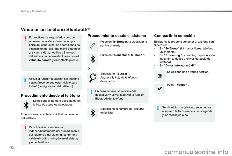 TOYOTA PROACE VERSO 2019  Manuale de Empleo (in Spanish) 452
ProaceVerso_es_Chap10c_RCC-1_ed01-2019
Vincular un teléfono Bluetooth®
Por motivos de seguridad, y porque requieren una atención especial por parte del conductor, las operaciones de vinculació