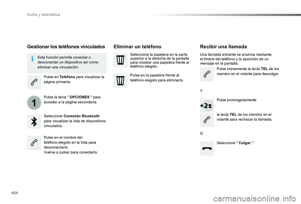 TOYOTA PROACE VERSO 2019  Manuale de Empleo (in Spanish) 454
1
ProaceVerso_es_Chap10c_RCC-1_ed01-2019
Recibir una llamada
Una llamada entrante se anuncia mediante el timbre del teléfono y la aparición de un mensaje en la pantalla.
Pulse brevemente la tecl
