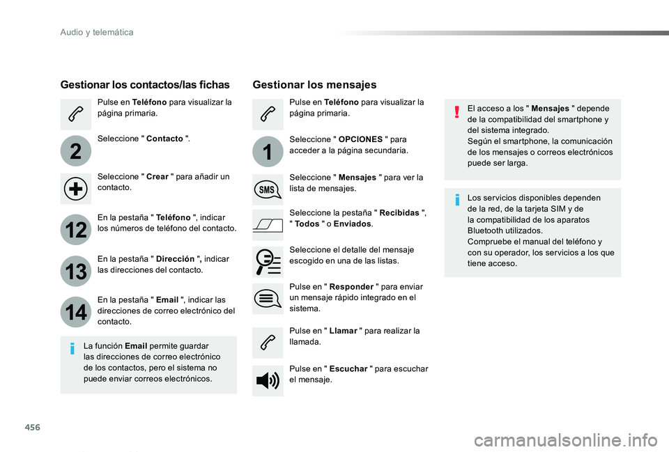 TOYOTA PROACE VERSO 2019  Manuale de Empleo (in Spanish) 456
2
12
13
14
1
ProaceVerso_es_Chap10c_RCC-1_ed01-2019
El acceso a los " Mensajes " depende de la compatibilidad del smartphone y del sistema integrado.Según el smartphone, la comunicación 