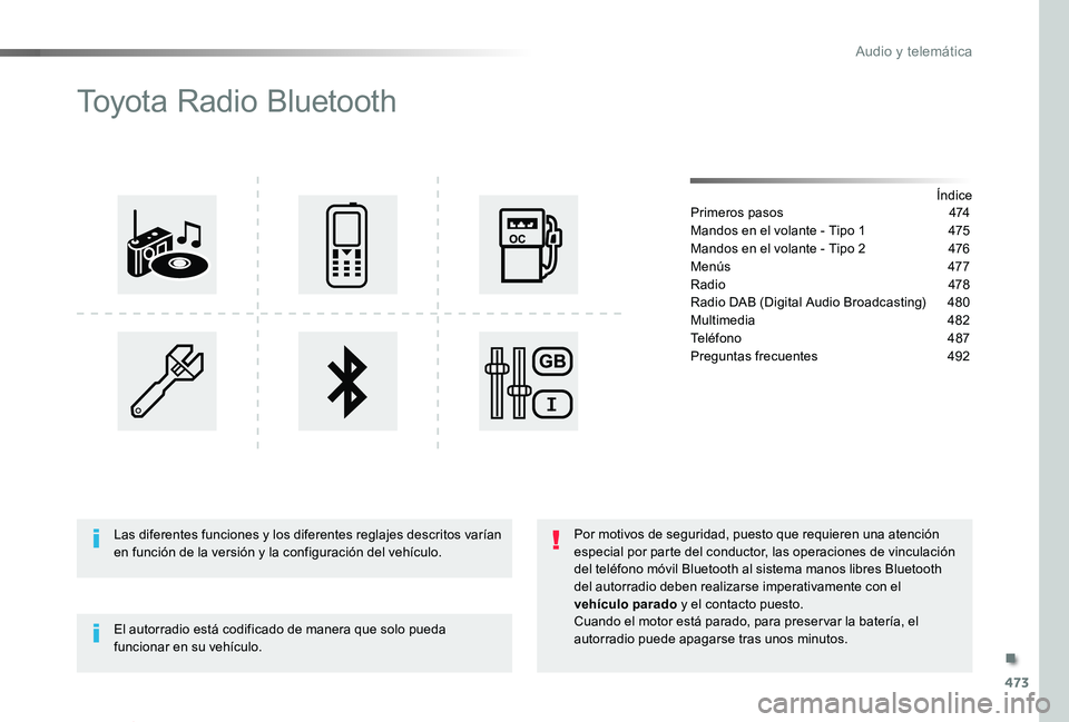 TOYOTA PROACE VERSO 2019  Manuale de Empleo (in Spanish) 473
ProaceVerso_es_Chap10d_RD6_ed01-2019
Toyota Radio Bluetooth
ÍndicePrimeros pasos  474
Mandos en el volante - Tipo 1  475
Mandos en el volante - Tipo 2 476
Menús 477
Radio  478
Radio DAB (Digital