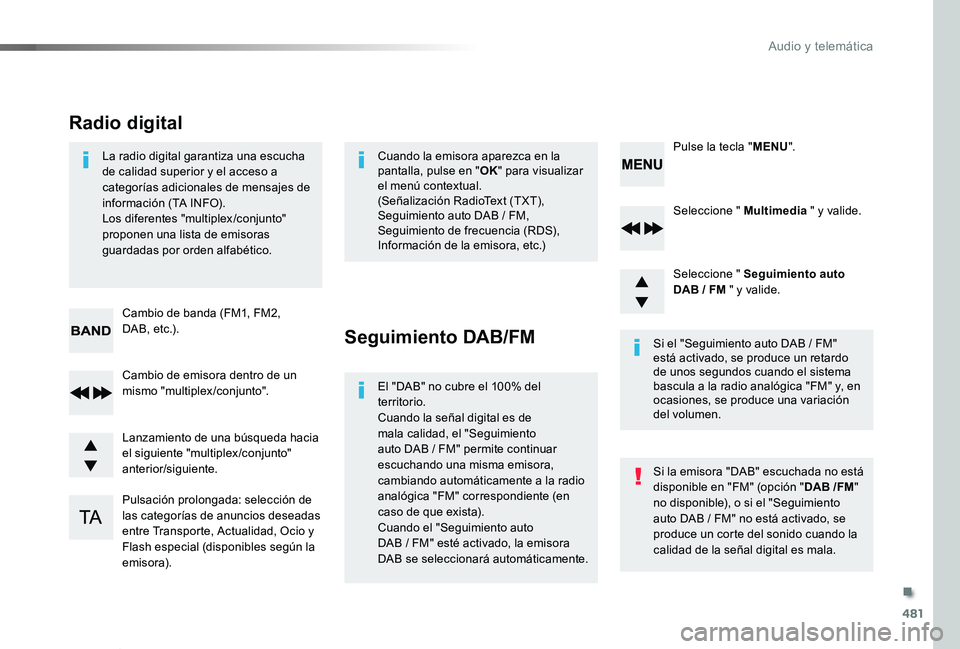 TOYOTA PROACE VERSO 2019 Manuale de Empleo (in Spanish) 481
ProaceVerso_es_Chap10d_RD6_ed01-2019
Seleccione " Multimedia " y valide.
Seleccione " Seguimiento auto DAB / FM " y valide.
Pulsación prolongada: selección de las categorías de TOYOTA PROACE VERSO 2019 Manuale de Empleo (in Spanish) 481
ProaceVerso_es_Chap10d_RD6_ed01-2019
Seleccione " Multimedia " y valide.
Seleccione " Seguimiento auto DAB / FM " y valide.
Pulsación prolongada: selección de las categorías de