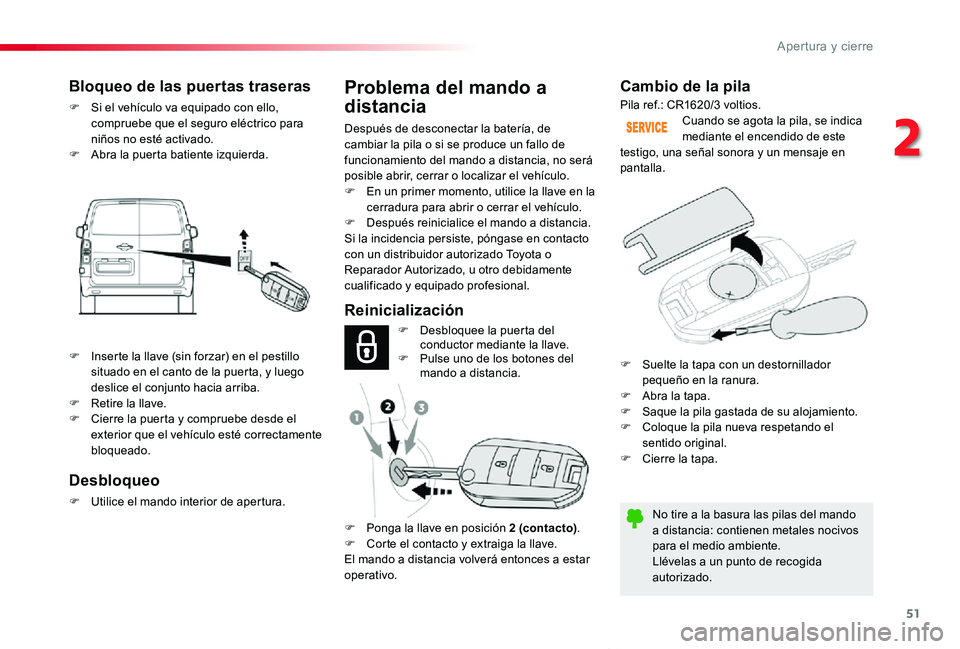 TOYOTA PROACE VERSO 2019 Manuale de Empleo (in Spanish) 51
ProaceVerso_es_Chap02_ouvertures_ed01-2019
Cambio de la pila
No tire a la basura las pilas del mando a distancia: contienen metales nocivos para el medio ambiente.Llévelas a un punto de recogida a TOYOTA PROACE VERSO 2019 Manuale de Empleo (in Spanish) 51
ProaceVerso_es_Chap02_ouvertures_ed01-2019
Cambio de la pila
No tire a la basura las pilas del mando a distancia: contienen metales nocivos para el medio ambiente.Llévelas a un punto de recogida a