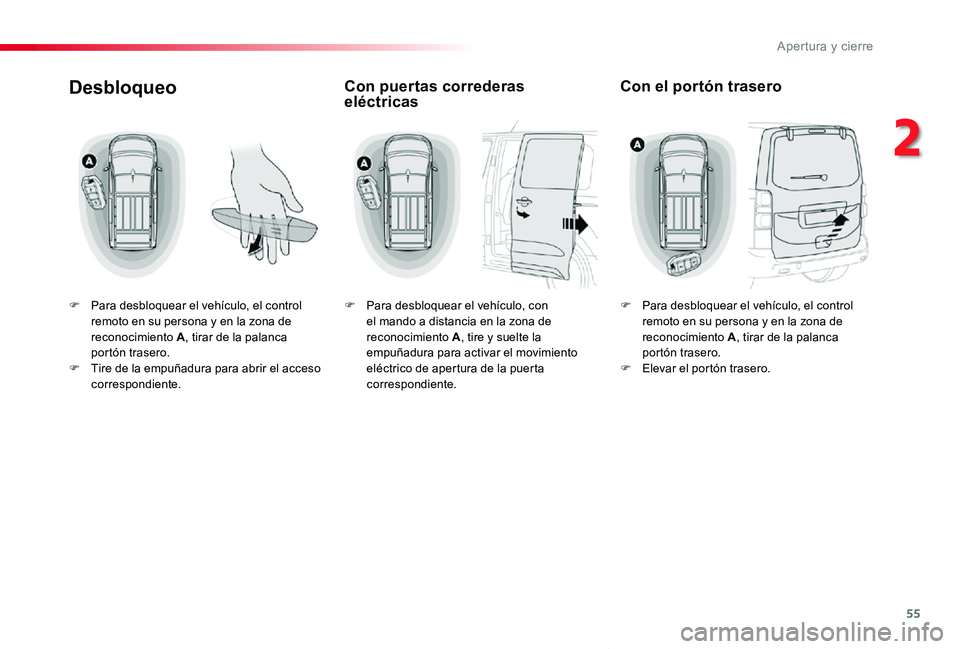 TOYOTA PROACE VERSO 2019 Manuale de Empleo (in Spanish) 55
ProaceVerso_es_Chap02_ouvertures_ed01-2019
Desbloqueo
F Para desbloquear el vehículo, el control remoto en su persona y en la zona de reconocimiento A, tirar de la palanca portón trasero.F Tire d TOYOTA PROACE VERSO 2019 Manuale de Empleo (in Spanish) 55
ProaceVerso_es_Chap02_ouvertures_ed01-2019
Desbloqueo
F Para desbloquear el vehículo, el control remoto en su persona y en la zona de reconocimiento A, tirar de la palanca portón trasero.F Tire d