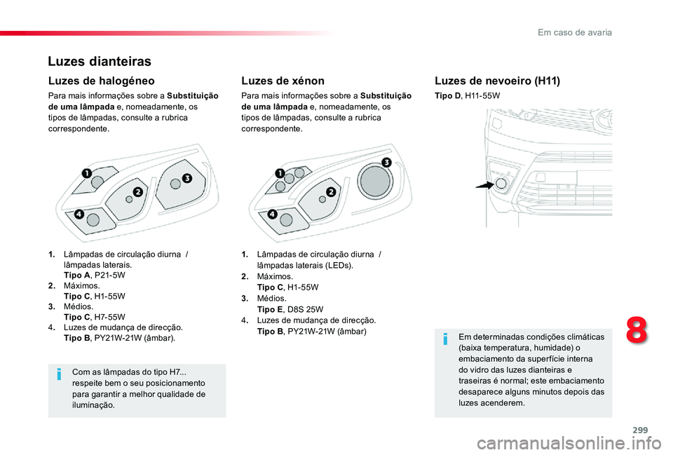 TOYOTA PROACE VERSO 2019  Manual de utilização (in Portuguese) 299
ProaceVerso_pt_Chap08_En-cas-de-panne_ed01-2019
Luzes dianteiras
Luzes de xénon
Para mais informações sobre a Substituição de uma lâmpada e, nomeadamente, os tipos de lâmpadas, consulte a r