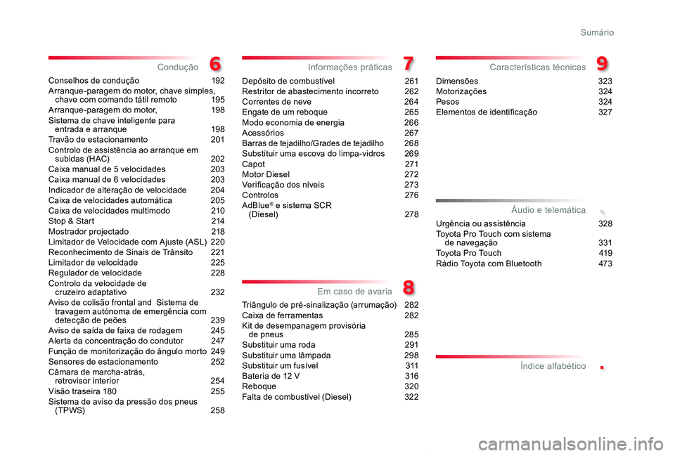 TOYOTA PROACE VERSO 2019  Manual de utilização (in Portuguese) .
.
ProaceVerso_pt_Chap00a_sommaire_ed01-2019
Conselhos de condução 192Arranque-paragem do motor, chave simples, chave com comando tátil remoto 195Arranque-paragem do motor,  198Sistema de chave in